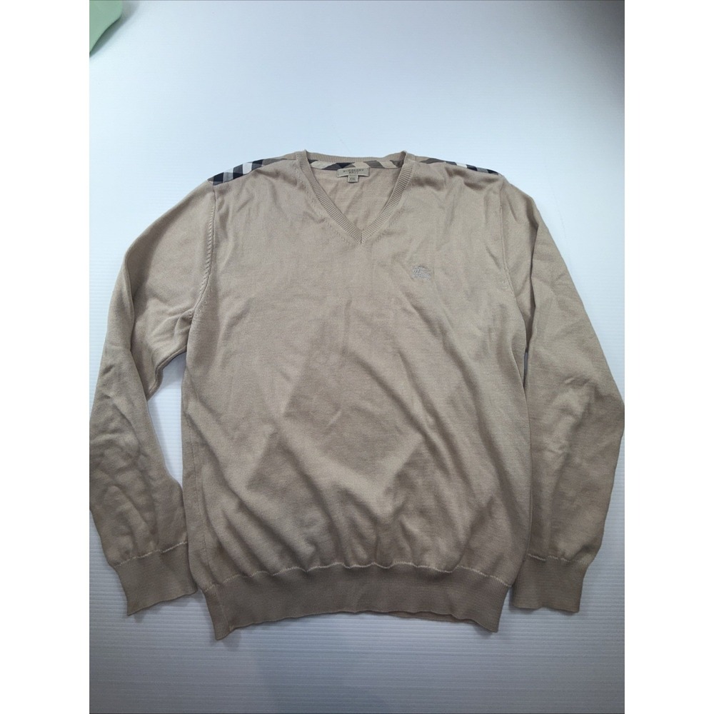 Burberry Brit Men's Beige Cotton Plaid Shoulder Sweater size XXL V Neck